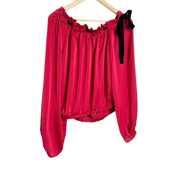 Ramy Brook Red Off the Shoulder Bow Shoulder Long Sleeve Satin Top Size S - Picture 1 of 8